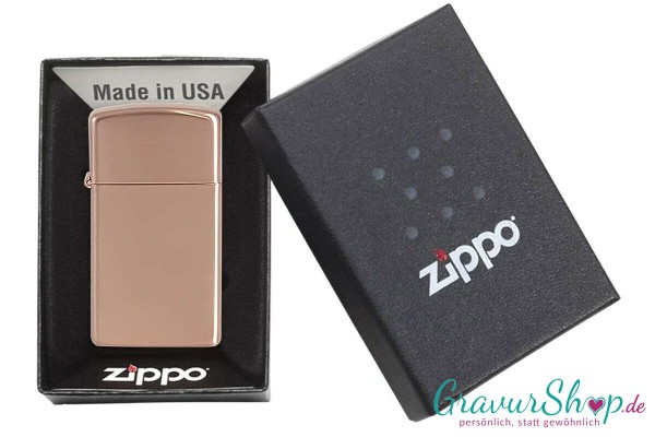 Zippo Slim High polish rose mit Gravur