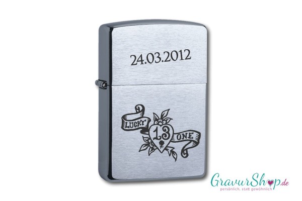 Zippo chrom gebürstet mit Gravur * Rock n Roll und Glück