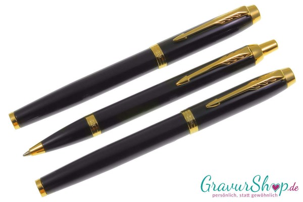 Parker IM Schreibset Schwarz Gold Kuli Füller Tintenroller mit Gravur