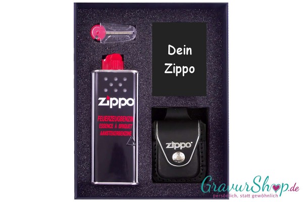 Zippo Geschenkset mit Ledertasche, Benzin und Feuersteinen