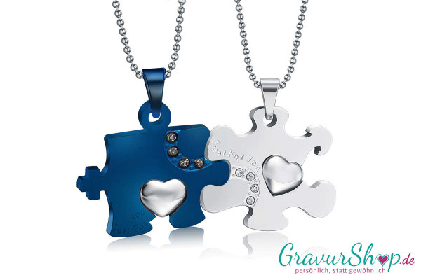 Partner Edelstahlanhänger blaues Puzzle mit Gravur