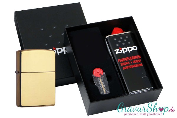 Zippo Geschenkset 1 Messing poliert mit Gravur