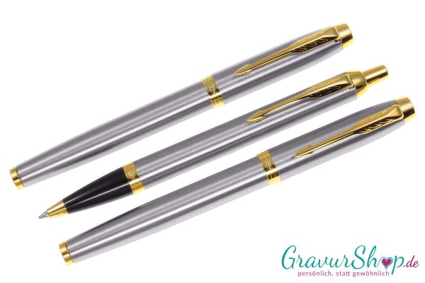 Parker IM Schreibset Kuli + Füller + Tintenroller Brushed Metall mit Gravur