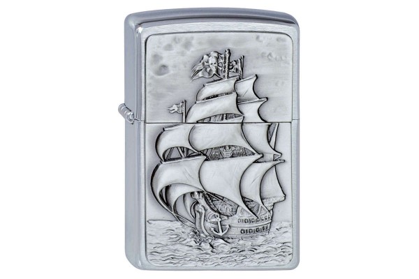 Zippo Pirate's Ship Emblem chrome brushed mit Gravur 