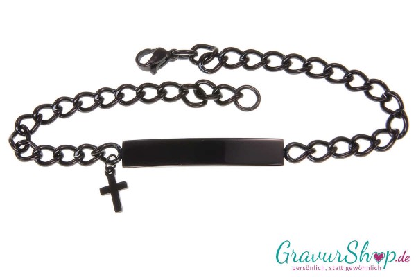 Edelstahlarmband 21 cm Schwarz mit Kreuz inkl. Gravur