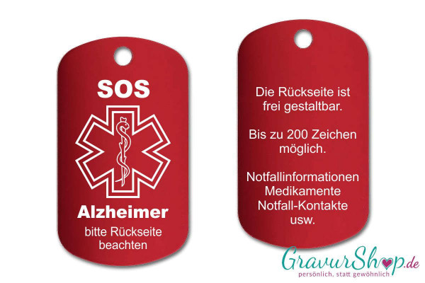 Alzheimer - SOS Notfallkette, Notfallanhänger mit Gravur - rot