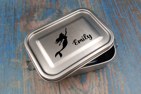 Lunchbox Brotdose aus Edelstahl für Kinder mit Namen und Meerjungfrau