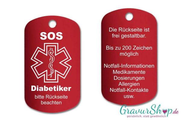 Diabetes, Diabetiker - SOS Notfallkette, Notfallanhänger mit Gravur - rot