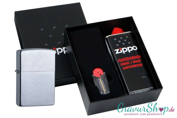 Zippo Geschenkset 1 chrom gebürstet mit Gravur