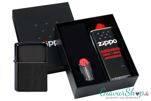 Zippo Geschenkset 1 High polish Black mit Gravur