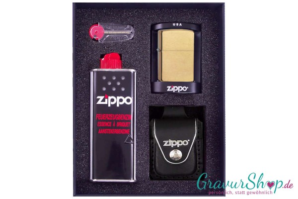 Zippo Geschenkset 2 Messing gebürstet mit Gravur