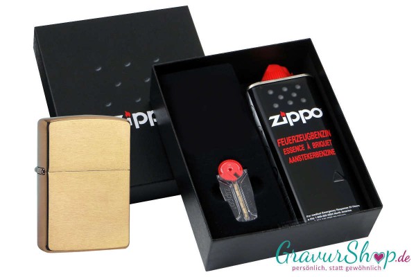 Zippo Geschenkset 1 Messing gebürstet mit Gravur