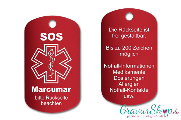 Marcumar, Blutverdünner - SOS Notfallkette, Notfallanhänger mit Gravur - rot