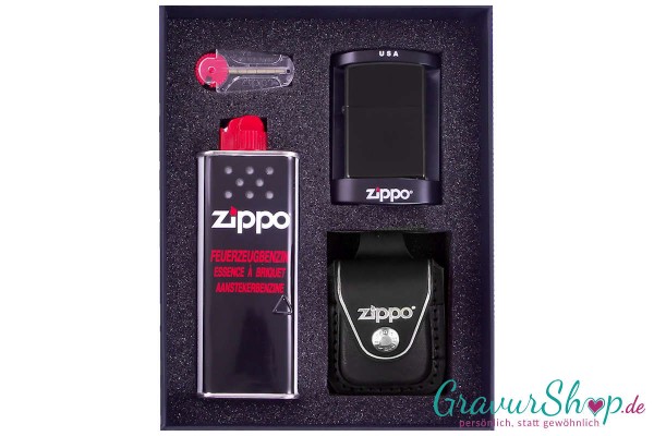 Zippo Geschenkset 2 High polish Black mit Gravur
