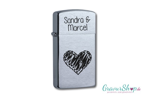Zippo slim chrom gebürstet mit Herz und Textgravur