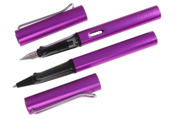 LAMY AL-star Schreibset Füller-Tintenroller lilac mit Gravur geöffnet