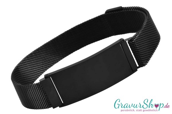 Mesh Edelstahlarmband 20 mm schwarz matt mit Gravur