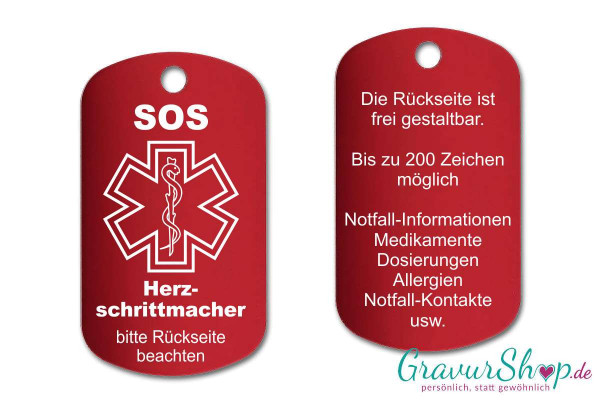 Herz Schrittmacher - SOS Notfallkette, Notfallanhänger mit Gravur - rot