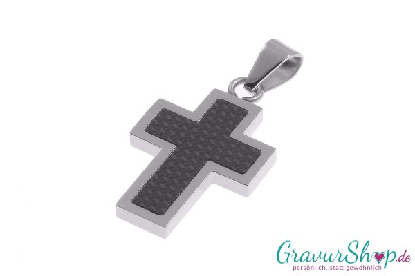 Kreuz Carbon Edelstahlanhänger 32 x 20 mm mit Gravur