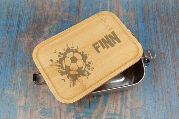 Lunchbox Brotdose Edelstahl Holz Fußball Kinder mit Namen