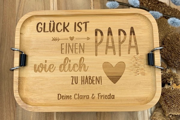Lunchbox Holz Bambus zum Vatertag mit Gravur - Glück ist einen Papa wie dich zu haben