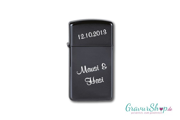 Zippo Slim High polish Black mit Gravur