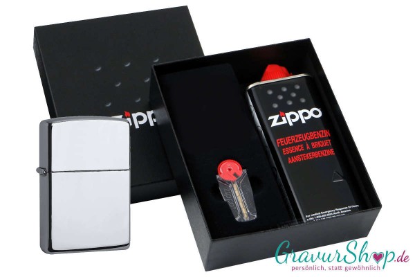 Zippo Geschenkset 1 Chrom poliert mit Gravur