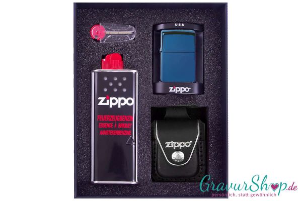 Zippo Geschenkset 2 High polish Blue mit Gravur