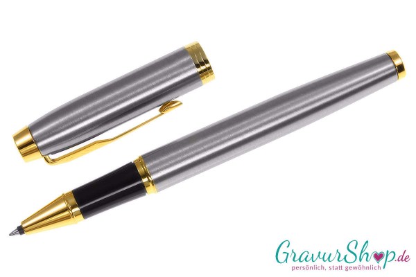 Parker IM Tintenroller brushed gold mit Gravur geöffnet