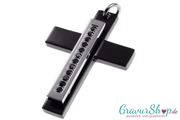 Edelstahlanhänger Kreuz schwarz mit Zirkonia inkl. Gravur