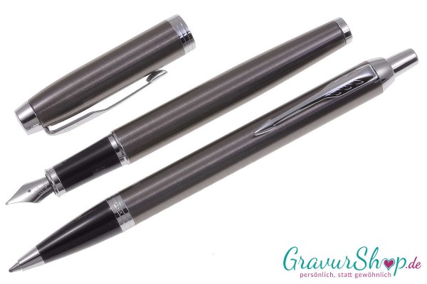 Parker IM Schreibset Kuli + Füller Dark Espresso mit Gravur geöffnet
