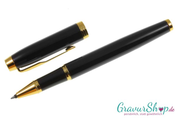 Parker IM Tintenroller light schwarz-gold mit Gravur geöffnet
