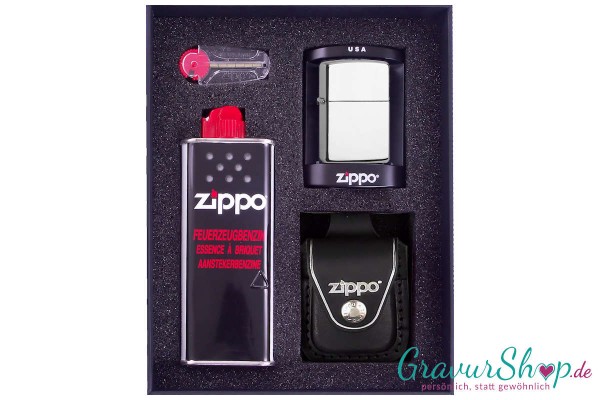 Zippo Geschenkset 2 Chrom Poliert mit Gravur