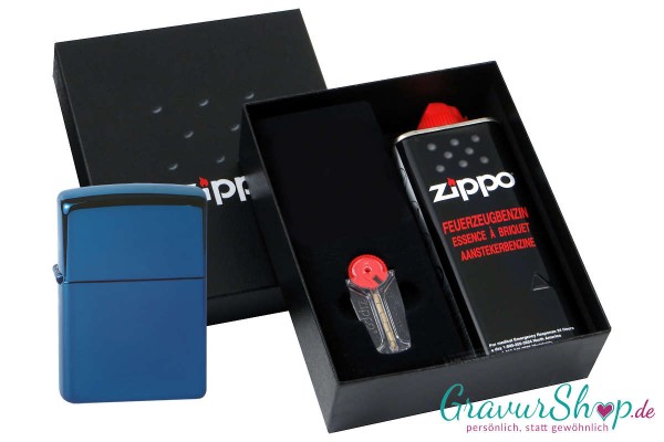 Zippo Geschenkset 1 High polish Blue mit Gravur