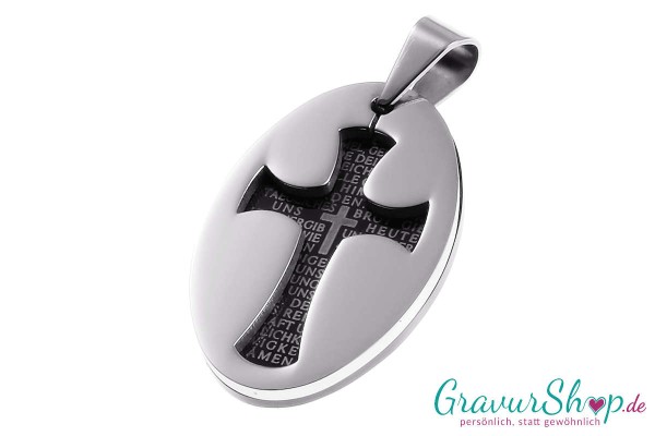 Edelstahlanhänger Kreuz schwarz Vater unser mit Gravur