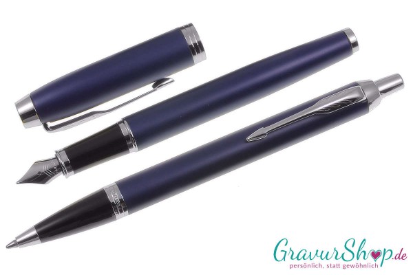 Parker IM Schreibset Kugelschreiber + Füller Matte Blue mit Gravur geöffnet