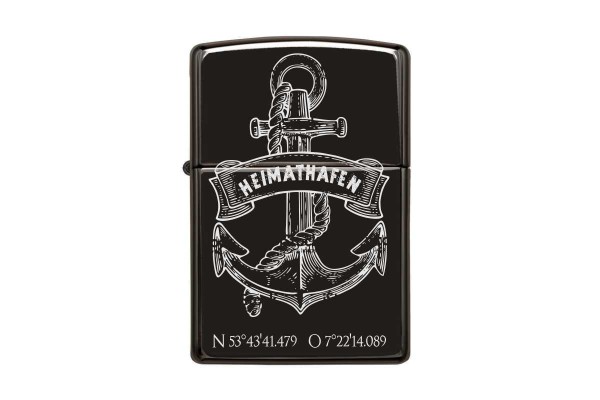 Zippo mit Gravur Anker Heimathafen - ebony high polish black