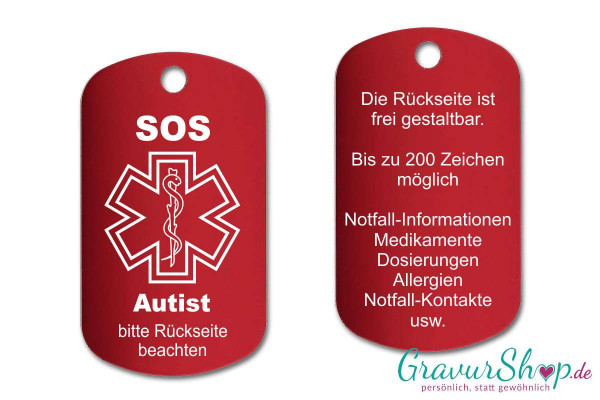 Autist - SOS Notfallkette, Notfallanhänger mit Gravur - rot